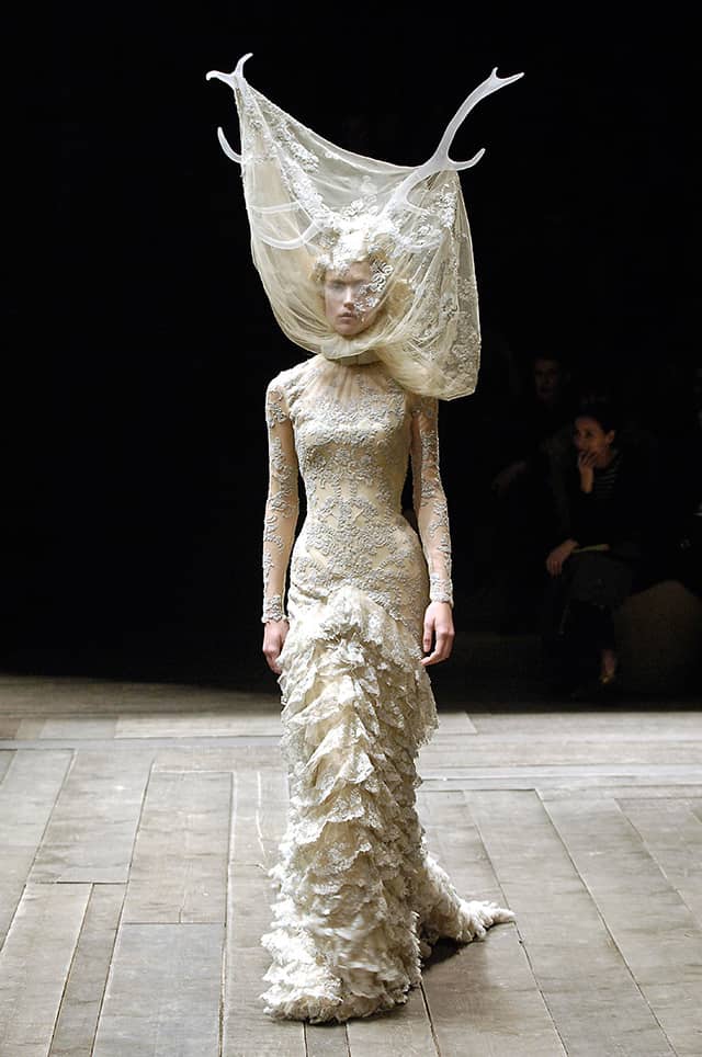 Title: Tulle and lace dress with veil and antlers Artist: Alexander McQueen Date: Widows of Culloden, A/W 2006–07 Credit line: Model: Raquel Zimmermann, Viva London, Image: firstVIEW