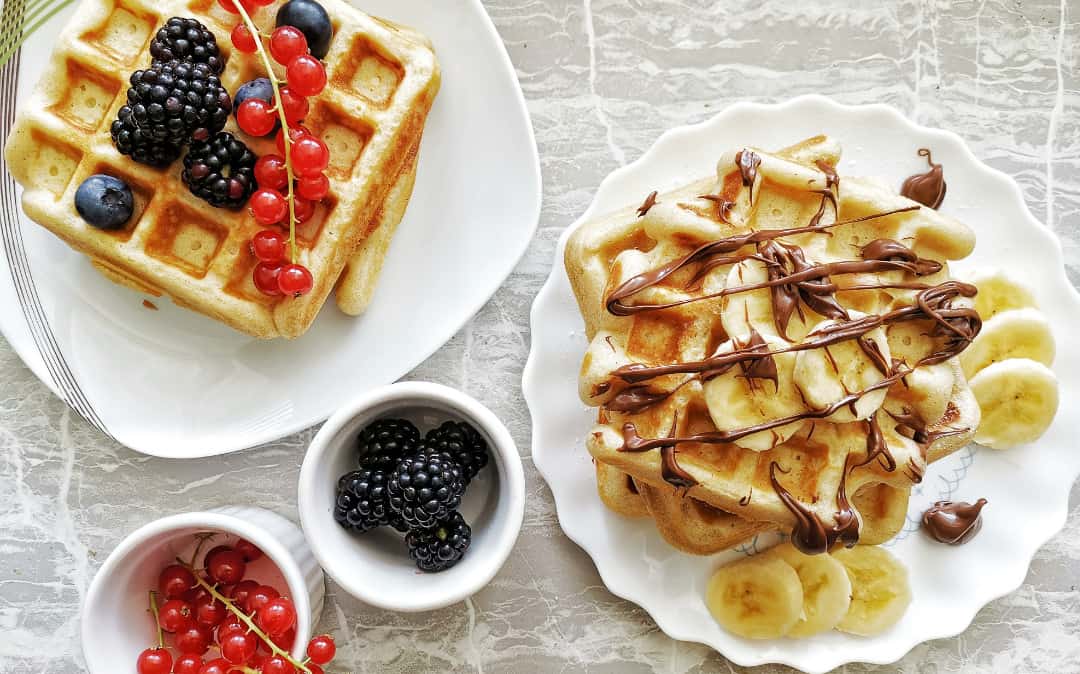 Waffles Recipe with mix berries and banana toppings