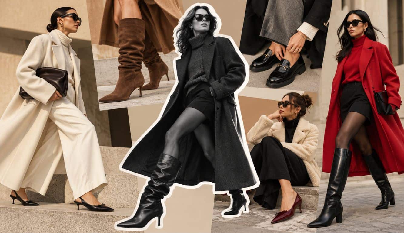 Winter shoe trends 2026–2027 featuring slouchy boots, knee-high leather boots, loafers and kitten heels in a fashion editorial collage