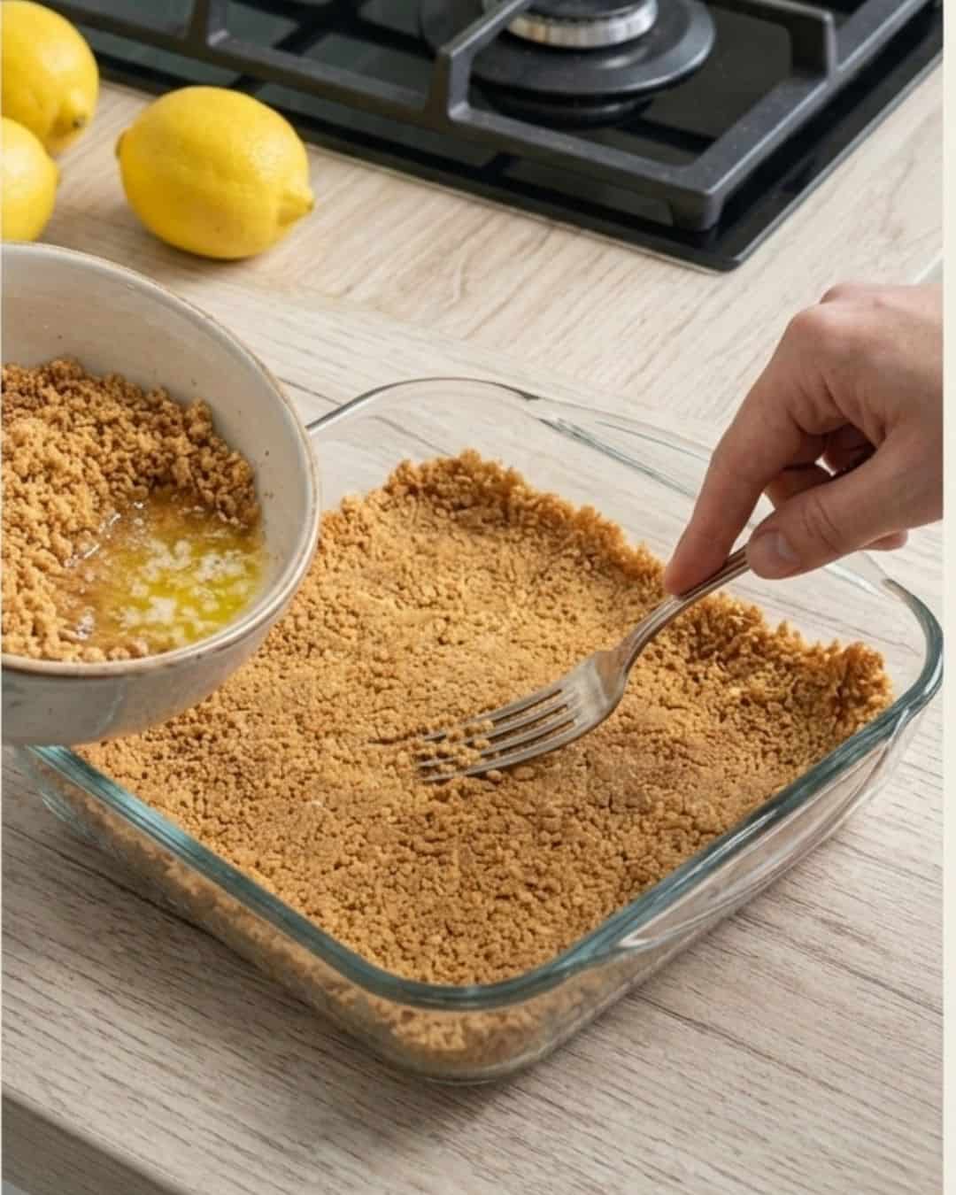 Pressing the buttery cookie crumb mixture into a pie dish to make the crust.