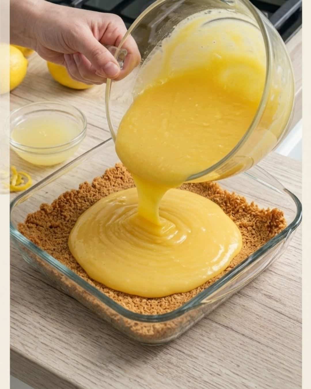 lemon-meringue-pie-recipe-2 Pouring creamy lemon filling into the baked cookie crust.