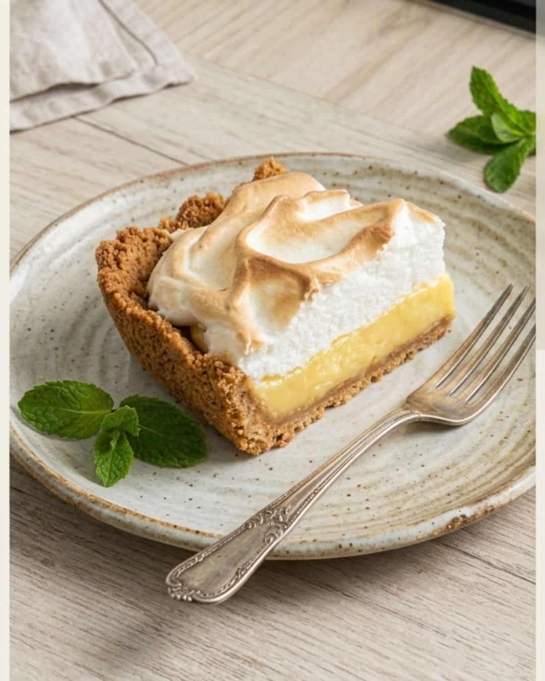 Slice of creamy lemon meringue pie with fluffy golden meringue and buttery cookie crust.